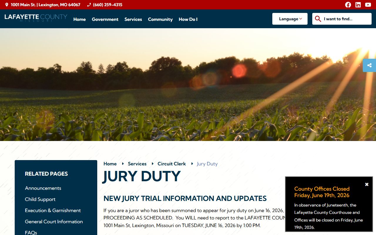 Lafayette County court dockets jury duty trial status