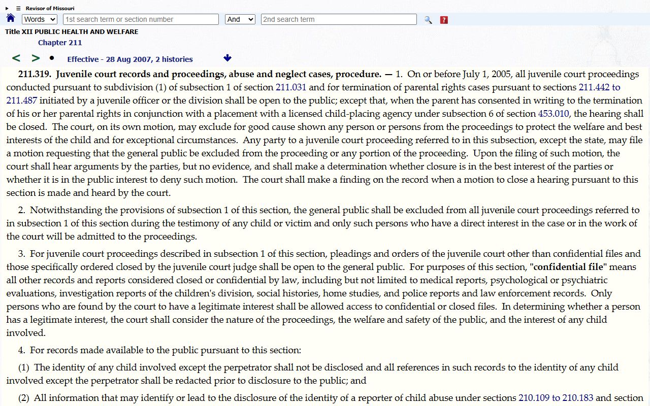 Lafayette County criminal court records Missouri juvenile records statute