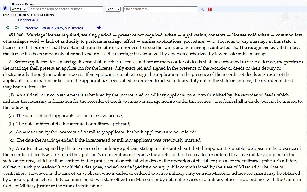 Lafayette County marriage records Missouri marriage license validity statute
